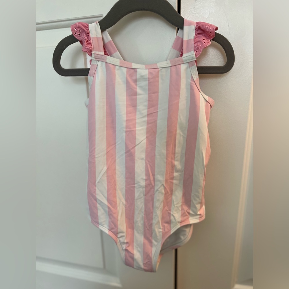 TBBC girls swim suit, size 5 with pink ruffle trim